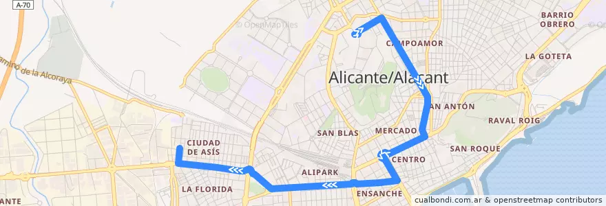 Mapa del recorrido 192 (Especial Fútbol): Estadio J. Rico Perez ⇒ Ciudad de Asis ⇒ Benalua de la línea  en Alacant / Alicante.