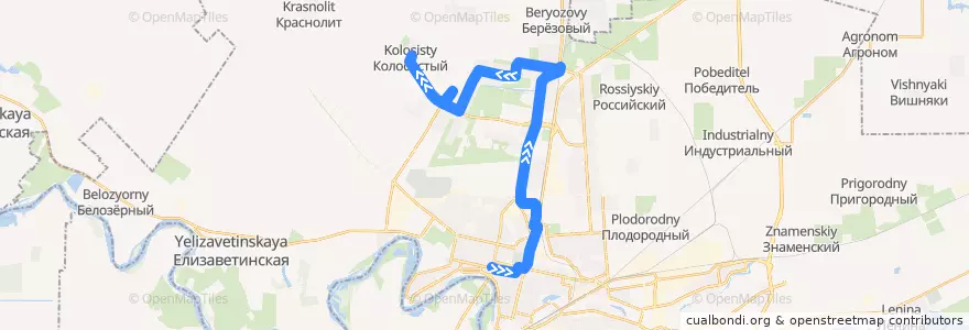 Mapa del recorrido Автобус №29: Центральный колхозный рынок => Посёлок Колосистый de la línea  en Krasnodar Municipality.