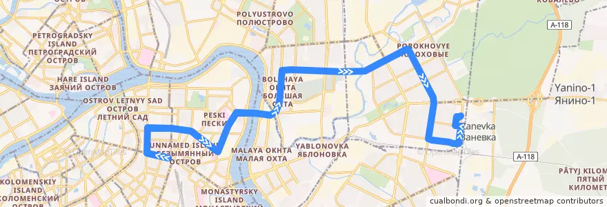 Mapa del recorrido Автобус № 15: Станция метро "Площадь Восстания" => Белорусская улица de la línea  en Санкт-Петербург.