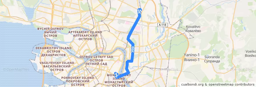 Mapa del recorrido Автобус № 132: станция метро «Площадь Александра Невского» => железнодорожная станция «Ручьи» de la línea  en Санкт-Петербург.