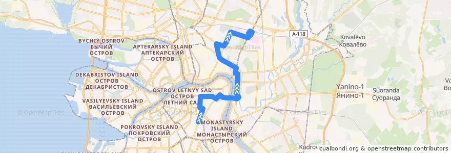 Mapa del recorrido Автобус № 105: станция метро "Площадь Восстания" => ж/д станция Пискарёвка de la línea  en São Petersburgo.