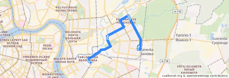 Mapa del recorrido Автобус № 92: станция метро «Ладожская» => Белорусская улица de la línea  en Красногвардейский район.