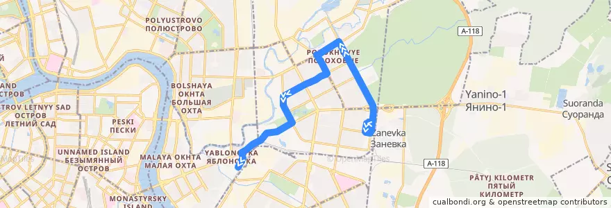 Mapa del recorrido Автобус № 92: Белорусская улица => станция метро «Ладожская» de la línea  en Красногвардейский район.