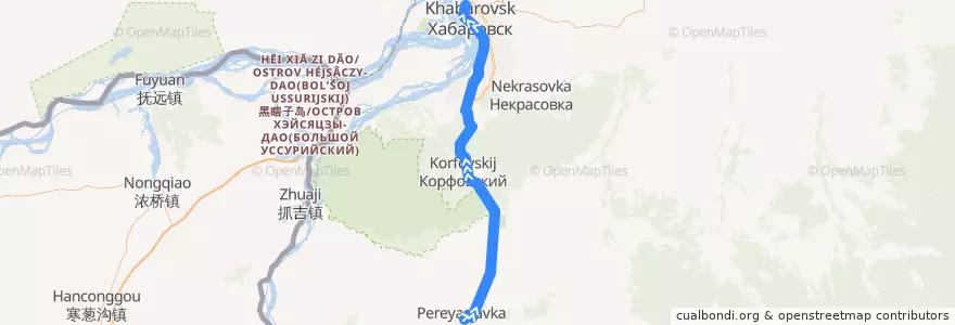 Mapa del recorrido Автобус 203: поселок Переяславка - Автовокзал de la línea  en Khabarovsk Krai.