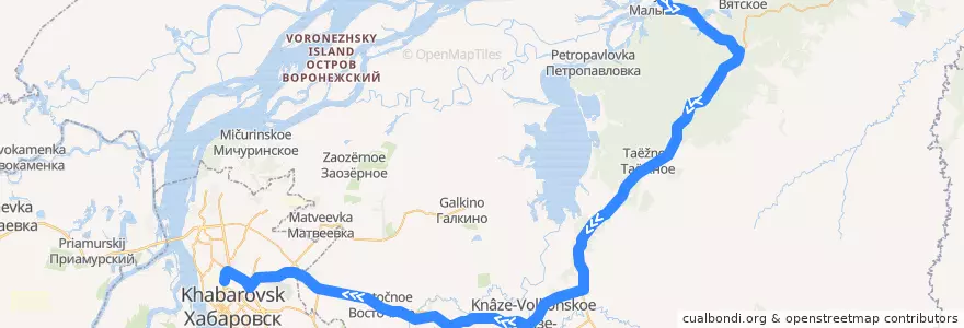 Mapa del recorrido Автобус 205: село Малышево - Автовокзал de la línea  en Rajon Chabarowsk.