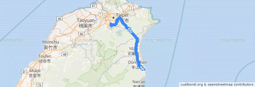 Mapa del recorrido 9028 捷運大坪林-蘇澳 (返程) de la línea  en Taiwan.