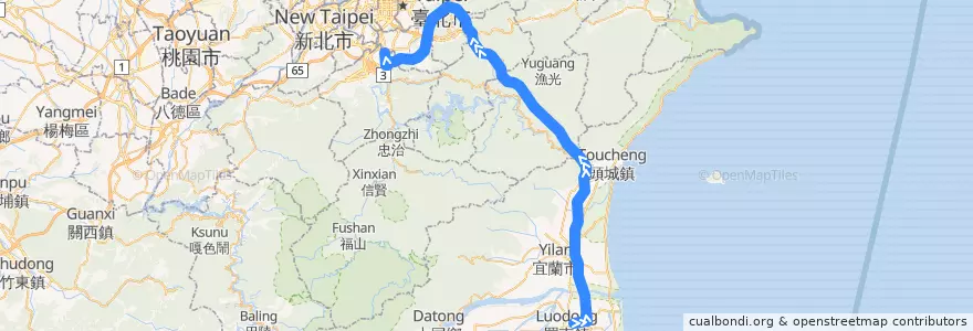 Mapa del recorrido 9028 捷運大坪林-羅東 (返程) de la línea  en Tayvan.