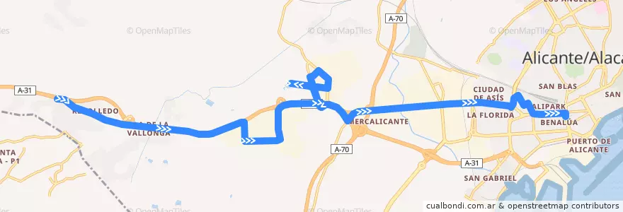Mapa del recorrido 07: El Rebolledo ⇒ Av. Oscar Esplá de la línea  en Alicante.