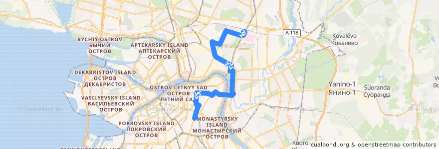 Mapa del recorrido Автобус № 105: ж/д станция Пискарёвка => станция метро "Площадь Восстания" de la línea  en Санкт-Петербург.