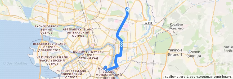 Mapa del recorrido Автобус № 132: железнодорожная станция «Ручьи» => станция метро «Площадь Александра Невского» de la línea  en Санкт-Петербург.