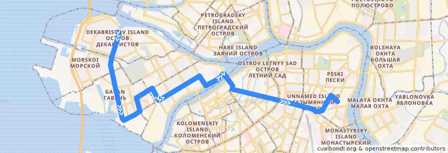 Mapa del recorrido Троллейбус № 10: улица Кораблестроителей => Новгородская улица de la línea  en Saint-Pétersbourg.