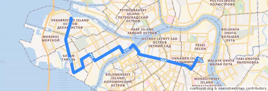 Mapa del recorrido Троллейбус № 10: Новгородская улица => улица Кораблестроителей de la línea  en Sankt Petersburg.