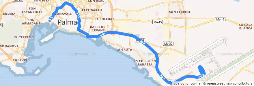 Mapa del recorrido Bus 1P: La Feixina → Aeroport (reforç matinada) de la línea  en Palma.