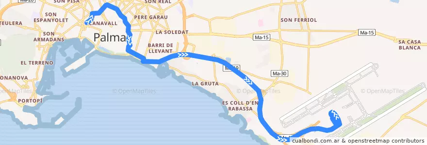 Mapa del recorrido Bus 1P: Passeig Mallorca → Aeroport (reforç dissabtes) de la línea  en پالما.