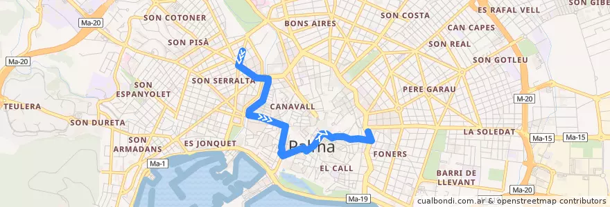 Mapa del recorrido Bus 2: Balanguera → Gabriel Alomar (part sud) de la línea  en پالما.