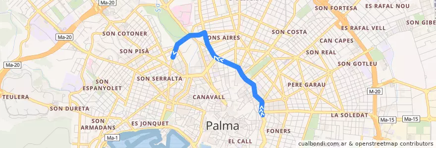 Mapa del recorrido Bus 2: Gabriel Alomar → Balanguera (part nord) de la línea  en パルマ.