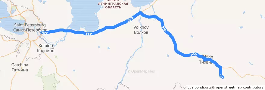 Mapa del recorrido Автобус № 867: Санкт-Петербург - Бокситогорск de la línea  en Ленинградская область.