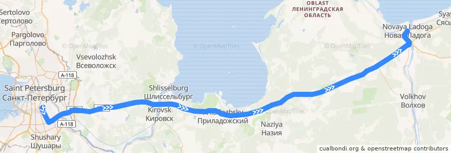 Mapa del recorrido Автобус № 847: Санкт-Петербург - Новая Ладога de la línea  en Ленинградская область.