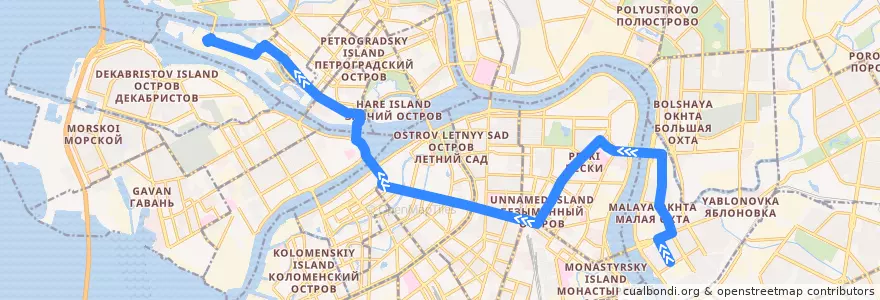 Mapa del recorrido Троллейбус № 7: улица Стахановцев => Петровская площадь de la línea  en São Petersburgo.