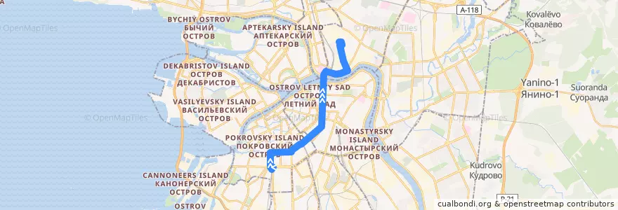 Mapa del recorrido Троллейбус № 8: Балтийский вокзал => Троллейбусный парк № 2 de la línea  en Санкт-Петербург.