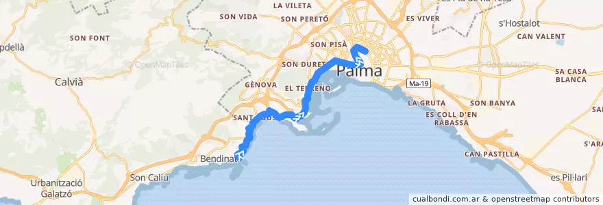 Mapa del recorrido Bus 3P: Illetes → Plaça d'Espanya de la línea  en جزر البليار.