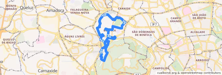 Mapa del recorrido Bus 70B: Colégio Militar (Metro) → Colégio Militar (Metro) de la línea  en Lisbona.