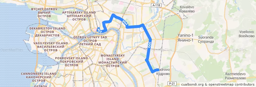 Mapa del recorrido Троллейбус № 43: Боткинская улица => река Оккервиль de la línea  en Санкт-Петербург.