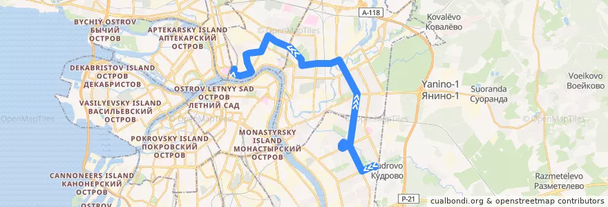 Mapa del recorrido Троллейбус № 43: река Оккервиль => Боткинская улица de la línea  en Санкт-Петербург.