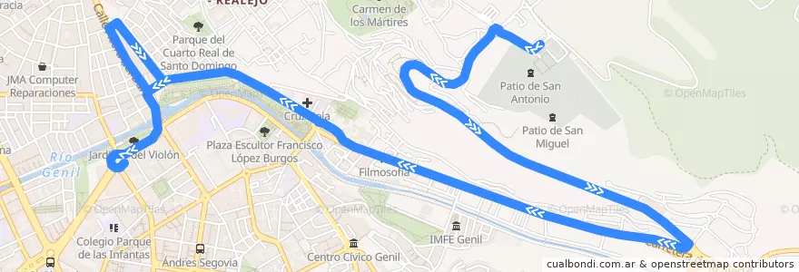 Mapa del recorrido Bus 13: Cementerio → Puerta Real de la línea  en Granada.