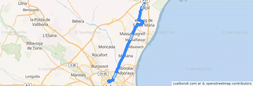 Mapa del recorrido Puçol - Valencia de la línea  en Valencia.