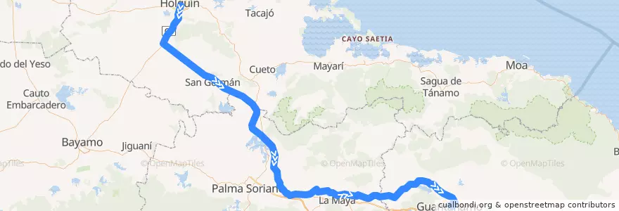 Mapa del recorrido Tren Holguín - Guantánamo de la línea  en Cuba.