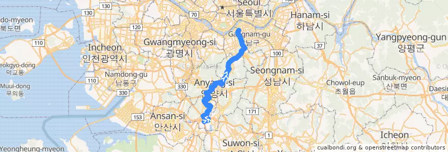 Mapa del recorrido 서울 버스 542 → 신사동 de la línea  en Korea Selatan.