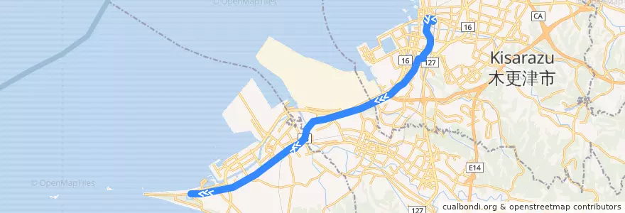Mapa del recorrido 富津線（下り） de la línea  en Préfecture de Chiba.
