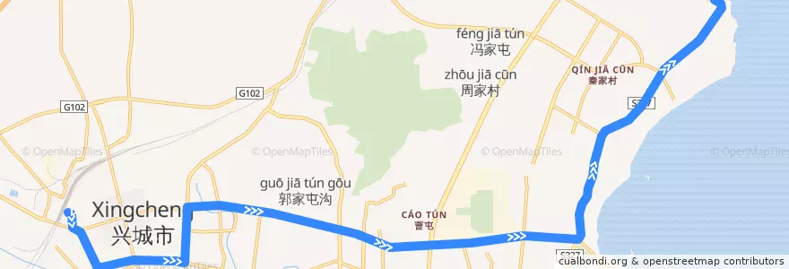 Mapa del recorrido 兴城2路(去程) de la línea  en Xingcheng City.