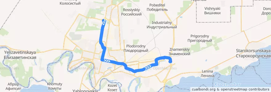 Mapa del recorrido Автобус №31: Военный городок им. маршала Г.К.Жукова => Гипермаркет «Лента», ул. Восточный Обход de la línea  en городской округ Краснодар.