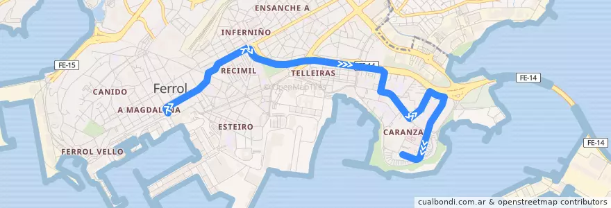 Mapa del recorrido Bus 9: Praza de Galicia => Caranza de la línea  en فيرول.