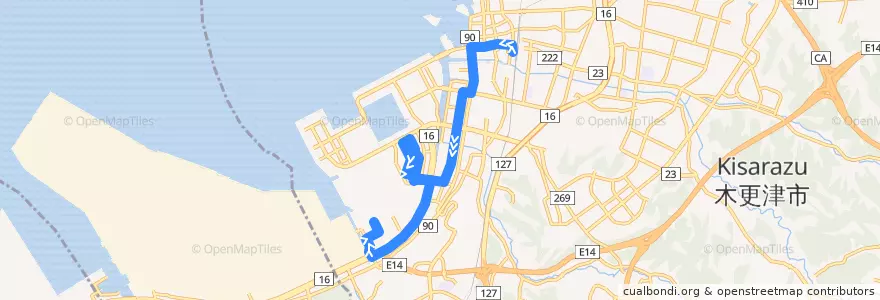 Mapa del recorrido 潮見線（君津製鐵所行き） de la línea  en 木更津市.