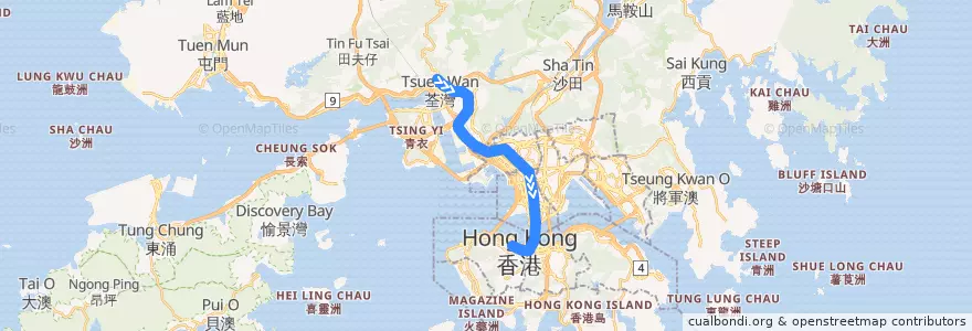 Mapa del recorrido 港鐵荃灣綫 MTR Tsuen Wan Line (北行 Northbound) de la línea  en 新界 New Territories.