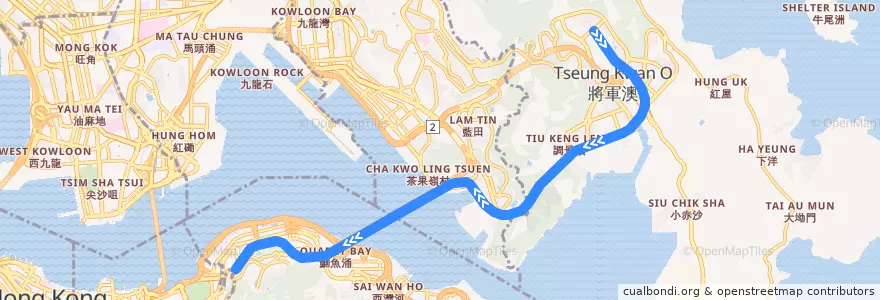 Mapa del recorrido 將軍澳綫 Tseung Kwan O Line (南行 Southbound) de la línea  en Yeni Bölgeler.