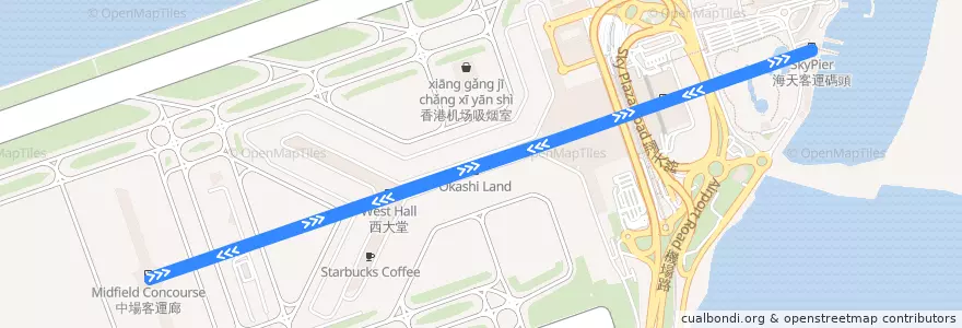 Mapa del recorrido 香港國際機場旅客捷運系統 Hong Kong International Airport Automated People Mover de la línea  en 離島區 Islands District.