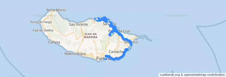 Mapa del recorrido HF 138: Arco de São Jorge -> Funchal (via rápida)(via Santo António, São Roque do Faial, Machico) de la línea  en 葡萄牙.