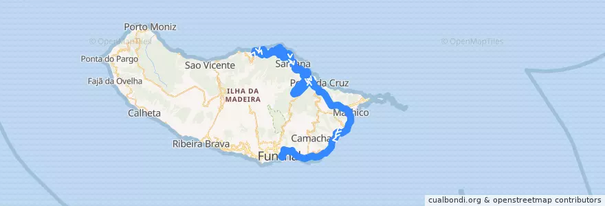 Mapa del recorrido HF 103: Arco de São Jorge -> Funchal (via rápida)(via São Roque do Faial, Machico) de la línea  en 포르투갈.