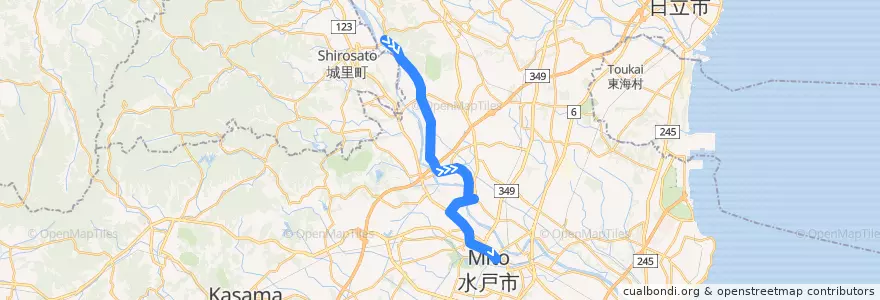 Mapa del recorrido 茨城交通バス4系統 下江戸⇒国田⇒水戸駅 de la línea  en 이바라키현.