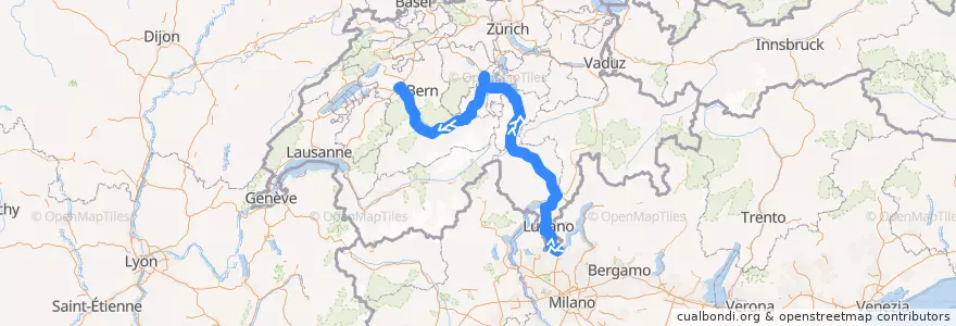 Mapa del recorrido Flixbus 477: Mailand, Lampugnano => Bern, Car-Terminal Neufeld de la línea  en Zwitserland.