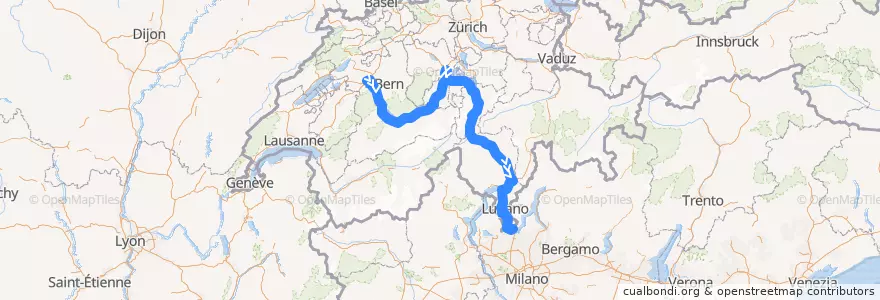 Mapa del recorrido Flixbus 477: Bern, Car-Terminal Neufeld => Mailand, Lampugnano de la línea  en Switzerland.