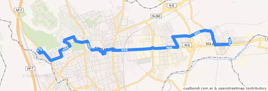 Mapa del recorrido L1 - Vilatenim -> Geriàtric de la línea  en Figueras.