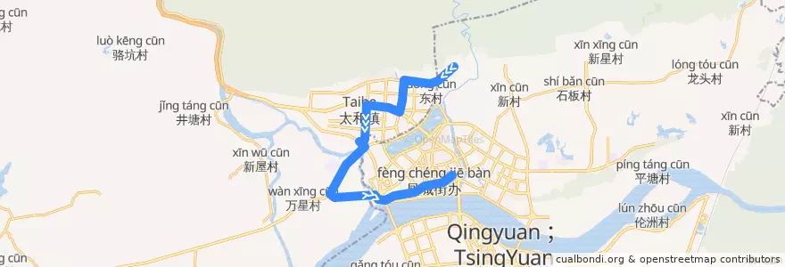 Mapa del recorrido 清远301路公交（田心村→太阳岛） de la línea  en Qingyuan City.