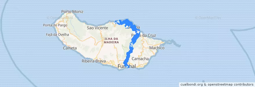 Mapa del recorrido HF 103: Arco de São Jorge -> Funchal (via Ilha, Parque TM, Santo António, São Roque do Faial, Ribeiro Frio) de la línea  en البرتغال.