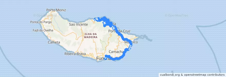 Mapa del recorrido HF 103: Arco de São Jorge -> Funchal (via rápida)(via Ilha, Santo António, Machico) de la línea  en Portugal.