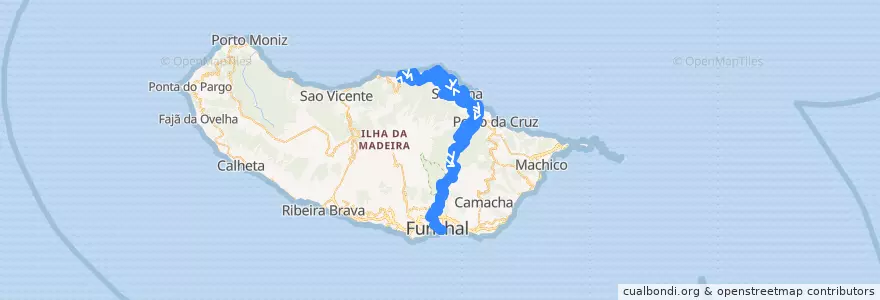 Mapa del recorrido HF 103: Arco de São Jorge -> Funchal (via Silveira, Santo António, São Roque do Faial, Ribeiro Frio) de la línea  en Portugal.